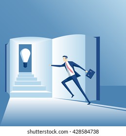 Business concept of knowledge and a new idea, the employee runs up the stairs in the book to find an idea