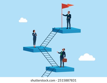 Business concept a ladder Corporate of success. Business people employee climb ladder to next level. Flat vector illustration