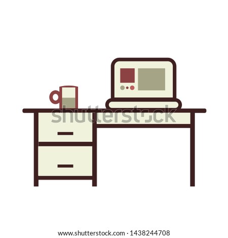 business concept, laptop on the table with glasess illustration, red outline design, icon vector.