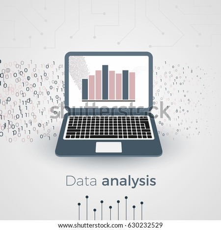 Business concept with laptop showing statistical data analysis process, presented by digital graphs. Financial analysis, statistics. Flow of bytes, processed by computer. Vector illustration.