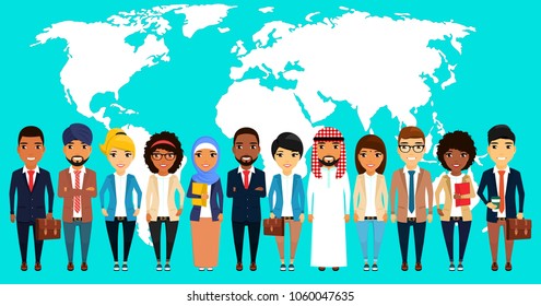 Business concept. A large group of businessmen stands shoulder to shoulder. Asian, Latin American, African, European, Indian, Arab. Men and women stand against the world map. In flat style. Cartoon.