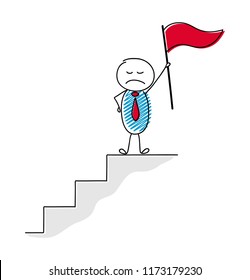 Business concept of leadership with funny cartoon person holding flag. Vector.