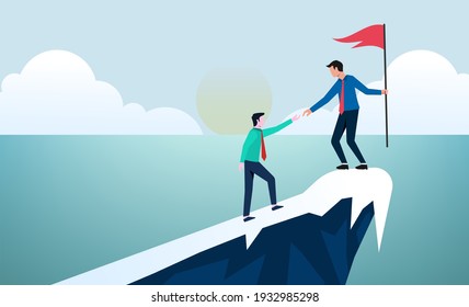 Business concept leadership and teamwork. Leader help other to climb the cliff to reach the goal vector illustration.