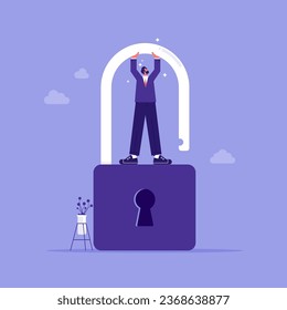 Business concept of liberation or difficulties overcoming metaphor, motivated strong businessman break padlock without a key, powerful businessman reach independency and freedom