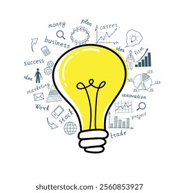 Business concept. Light bulb with drawing business success strategy plan idea. Vector illustration modern template design. Doodle.