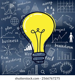 Business concept. Light bulb with drawing business success strategy plan idea. Vector illustration modern template design. Doodle.
