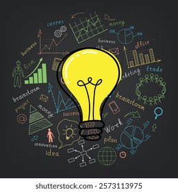 Business concept. Light bulb with drawing business success strategy plan idea. Doodle. Vector illustration. 