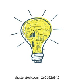 Business concept. Light bulb with drawing business success strategy plan idea. Vector illustration modern template design. Doodle.
