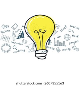 Business concept. Light bulb with drawing business success strategy plan idea. Vector illustration modern template design. Doodle.