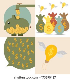 Business concept. Light bulb and Piggy bank with money coins. Vector illustration