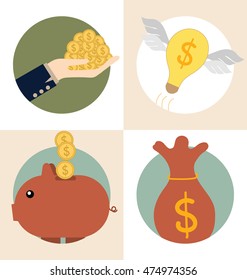 Business concept. Light bulb and Saving money bag with money coins. Vector illustration
