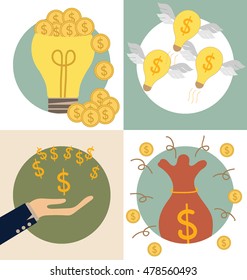 Business concept. Light bulb and Saving money bag with money coins. Vector illustration