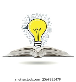 Business concept. Light bulb with business success drawing strategy plan idea on open book. Vector illustration. Doodle.