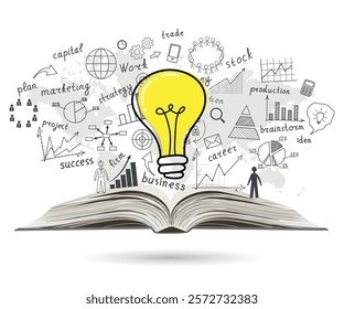 Business concept. Light bulb with business success drawing strategy plan idea on open book. Vector illustration. Doodle.