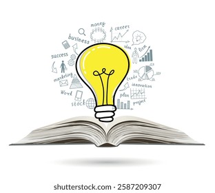 Business concept. Light bulb with business success drawing strategy plan idea on open book. Vector illustration. Doodle.