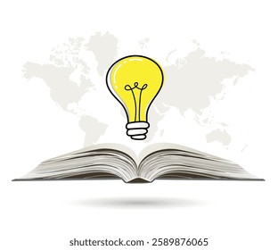 Business concept. Light bulb with business success drawing strategy plan idea on open book. Vector illustration. Doodle.