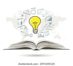 Business concept. Light bulb with business success drawing strategy plan idea on open book. Vector illustration. Doodle.