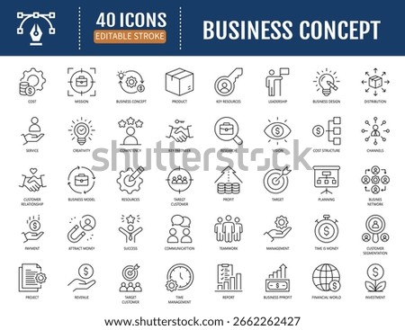Business concept line icon set. Containing
services, products, revenue, distribution, core
value, cost, management and more. Vector
Illustration with Editable Strokes