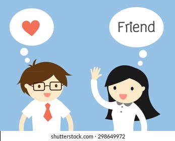 Business concept, Love in office. Businessman feeling love business woman but she think that he's just a friend. Vector illustration.