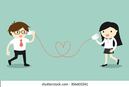 Business concept, Love in office. Businessman and business woman talking via cup telephone. Vector illustration.