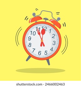 Concepto de negocio con la hora del almuerzo en el reloj despertador. Ilustración vectorial en estilo plano