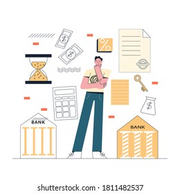 Business concept. Male character chooses banks with a good mortgage. Man is thinking of taking a mortgage to buy a real estate. Bank loan symbols. Flat vector illustration isolated on white background