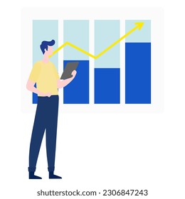 Business concept. Man analyzes  sales growth graphs and charts, marketing research and work with information.Vector illustration.