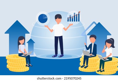 Business concept. The man explain about stock, investment and increasing income on the stage. Audience listens to increase earnings and making more profit. Vector illustration Eps10.