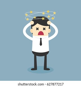Business concept. Business man with flying stars around his head. Vector illustration.