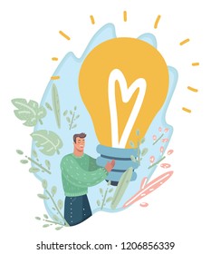 Business concept of man holding a big lamp in his hands. Man with giant light bulb. Concept of new ideas and opportunities. Vector cartoon illustration in modern concept