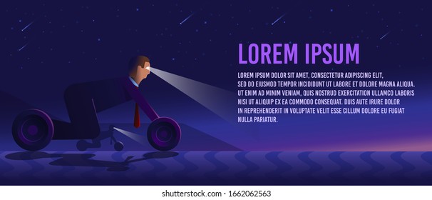 Business concept man motorcycle shines his eyes forward and rides faster than anyone. High speed goal achievement.