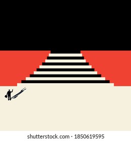 Business concept. Man Searches for opportunities and overcomes the path to development. Minimalist design. Vector