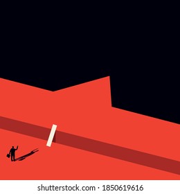Business concept. Man Searches for opportunities and overcomes the path to development. Minimalist design. Vector
