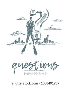 Business concept, man standing in front of the question mark, vector illustration, sketch