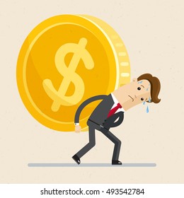 Business concept. Man in suit, businessman carrying big and heavy gold coin  on his back . Vector, illustration, flat