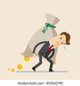 Business Concept. Man In Suit, Businessman Carrying  Big And Heavy Money Bag  On His Back . Vector, Illustration, Flat