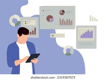 Business concept. A man with a tablet analyzes data. Vector illustration.