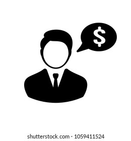 Business concept. Man thinks about money. Dollar symbol in a speech cloud. Flat design