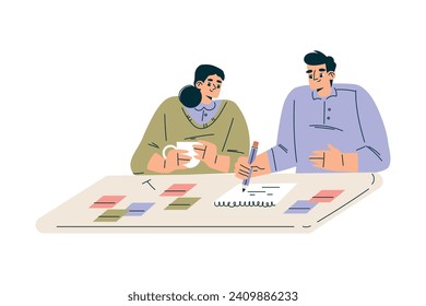 Business Concept with Man and Woman Character at Task Board Vector Illustration