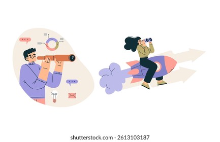 Business Concept with Man and Woman Character Engaged in Workflow Deal with Project Vector Set