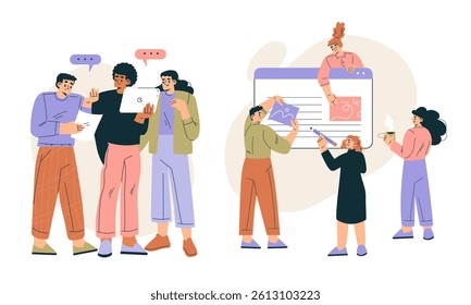 Business Concept with Man and Woman Character Engaged in Workflow Deal with Project Vector Set