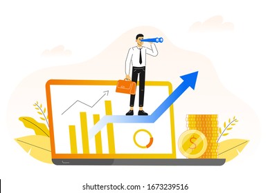 Business concept. Manager man standing on arrow and looking out from a laptop screen with binoculars. Career growth to success. Business analysis. Making profit. Searching web. Vector illustration.