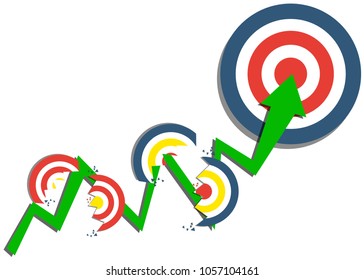 Business concept. many dart board broken and green arrow up.