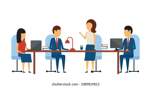 Business concept. Business meeting. In a simple style. Brainstorming office staff at the same table. Flat style on white background.