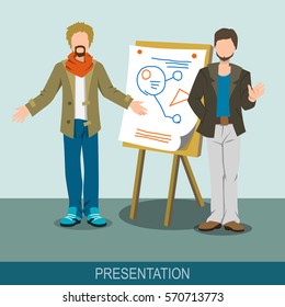Business concept. A men making a presentation at the board. Report, meeting, skull session, council. Flat design illustration