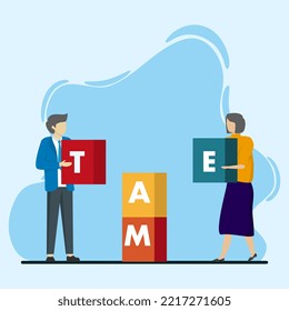 Business concept. men and women who arrange the boxes that say team. Flat design style vector illustration. Teamwork symbol, cooperation, partnership vector
