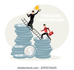 Business concept. Business mentor helps improve career and money stacks growing. He holds stairs steps Guidance, skills, climb help self development strategy design. Flat vector modern illustration 