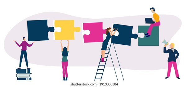 Business concept. The metaphor command. People connecting the puzzle elements. Vector illustration of a flat design style. A symbol of teamwork, cooperation, and partnership.