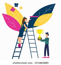 Business concept. The metaphor command. People connecting the puzzle elements. Vector illustration of a flat design style. A symbol of teamwork, cooperation, and partnership.