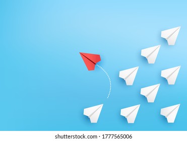 Business concept minimal as group of paper plane in one direction and with one individual pointing in different ways for innovative solution on 3D render vector. leadership for new ideas competition.